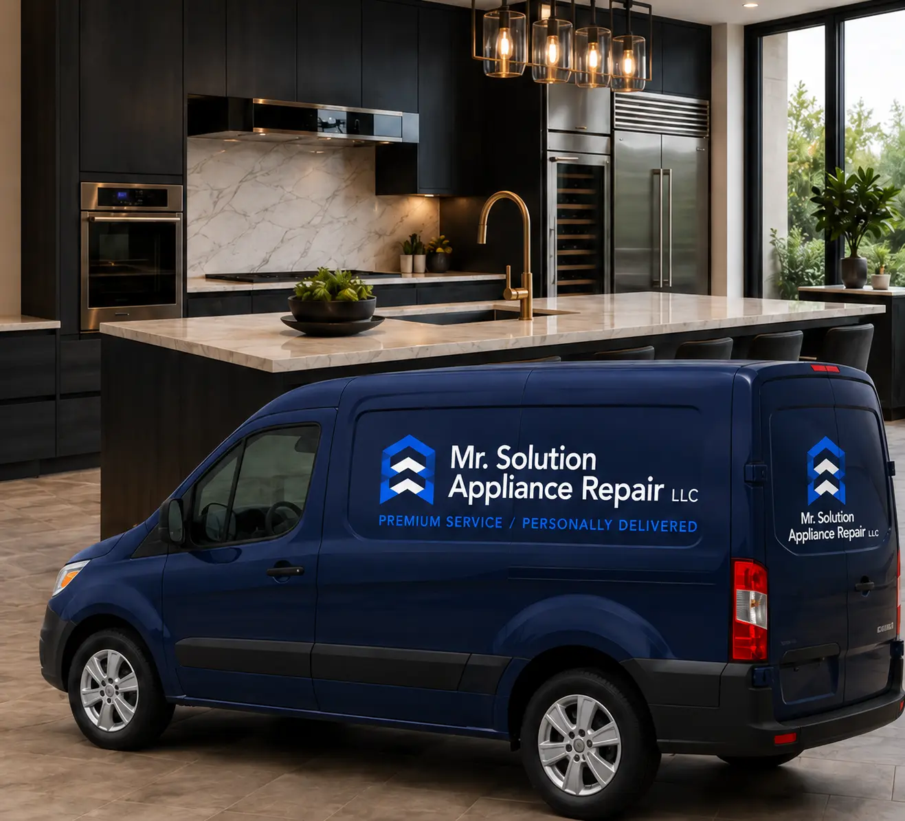 Mr. Solution Appliance Repair branded service van in a premium kitchen setting