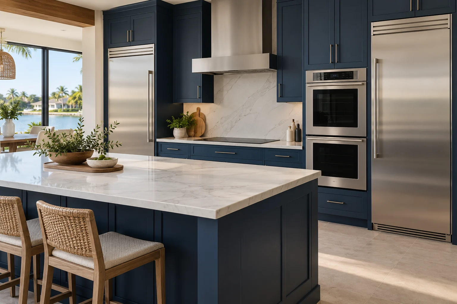 Illustrative kitchen with navy cabinetry and built-in stainless steel appliances